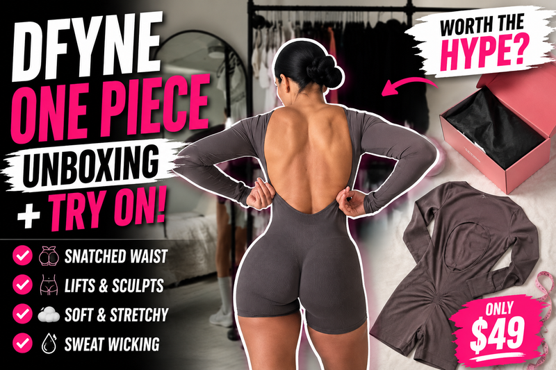 Woman wearing DFYNE-inspired sculpting activewear set — contour leggings and sports bra — from ActivewearBox DFYNE dupes collection