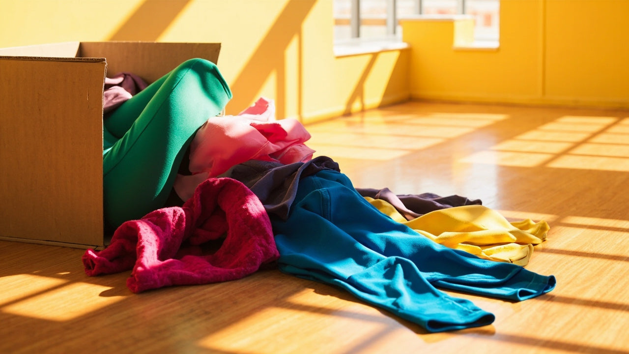 colorful activewear spilling from an open box in a bright modern gym