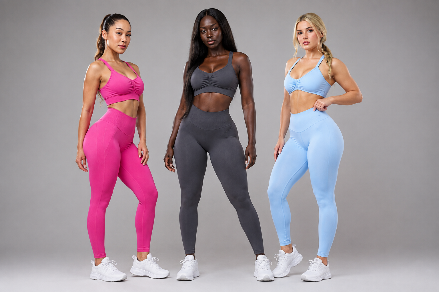 A model is shown in a six-panel collage wearing a bright pink sports bra and matching high-waisted leggings set against a light gray studio background.