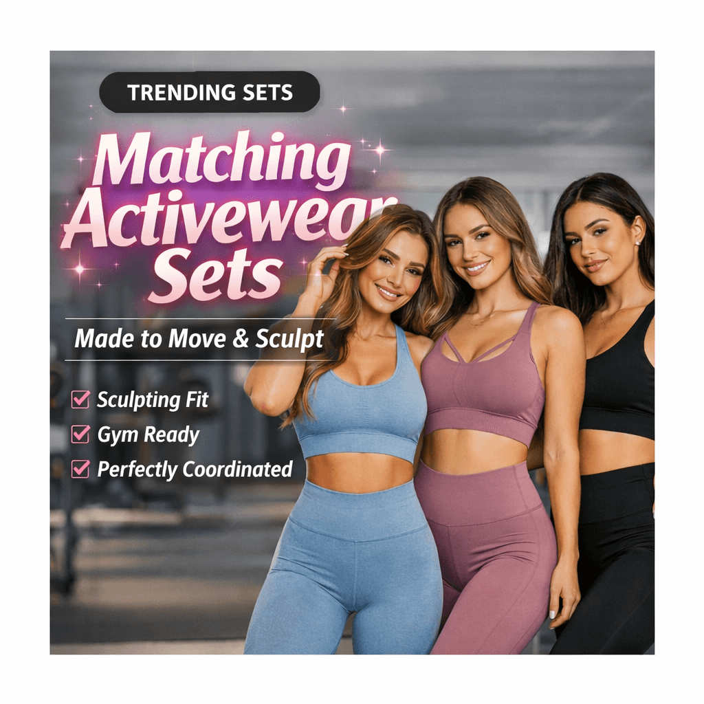 Women wearing matching gym activewear sets in blue, mauve, and black at GymDeity