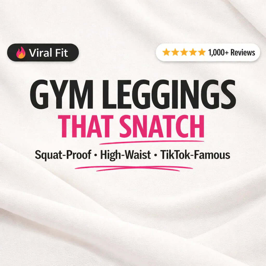 Viral Fit gym leggings promo on soft fabric background, highlighting squat-proof, high-waist, TikTok-famous styles with 5-star reviews.
