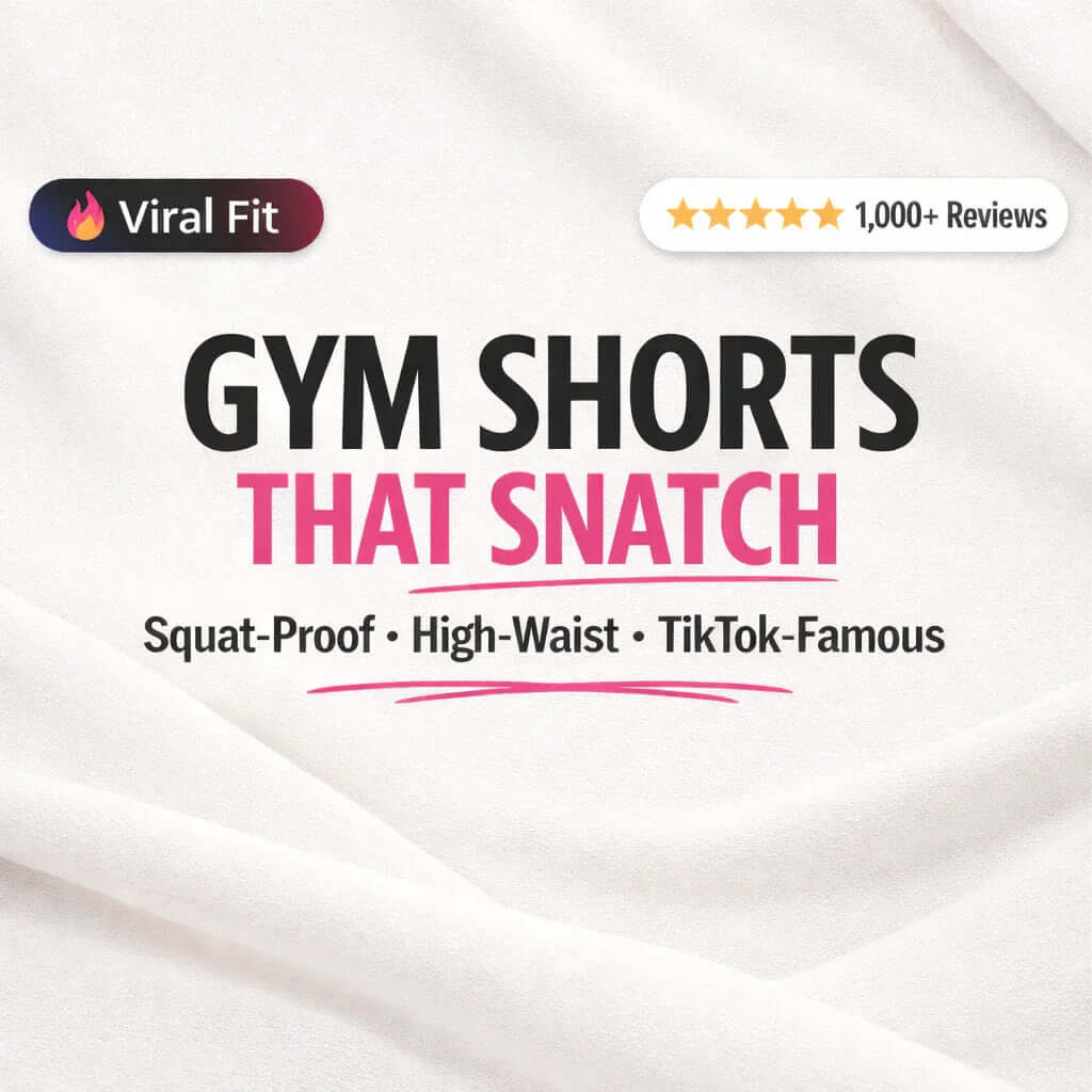 Text graphic promoting viral fit gym shorts—squat-proof, high-waist, trending on TikTok.