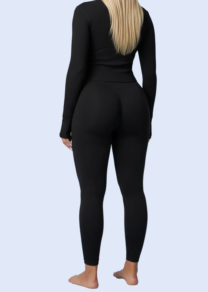 Person wearing a black outfit on a white background with shopping app interface elements.