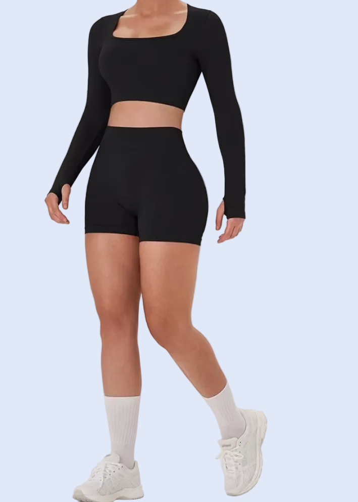 Woman in black athletic wear with outfit inspiration on a white background