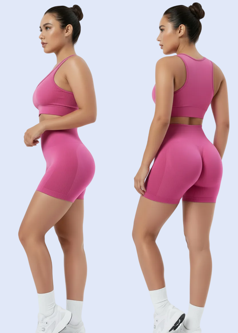 Person wearing pink high-waisted shorts on a white background with 'Add to cart' button visible.