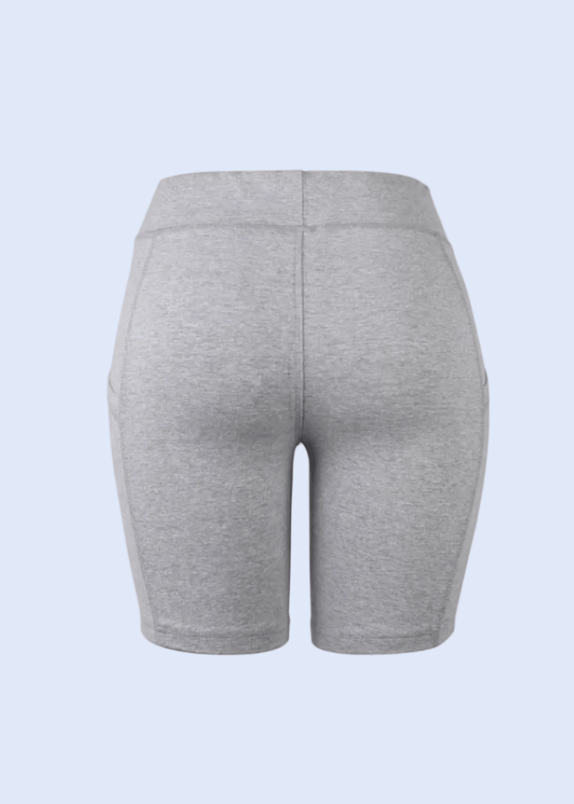 Gray shorts on a white background with a smartphone interface at the top and bottom.