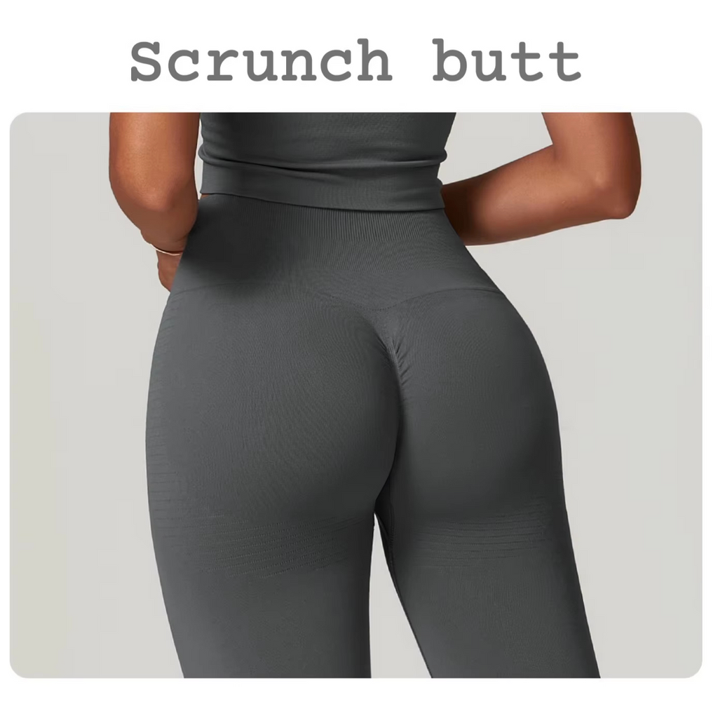 Product page for gray leggings with a person wearing them, on a shopping app interface.