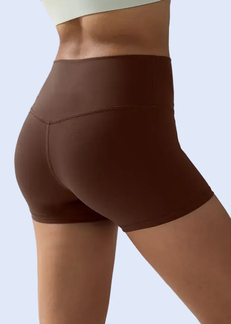 Brown high-waisted shorts on a gray background
