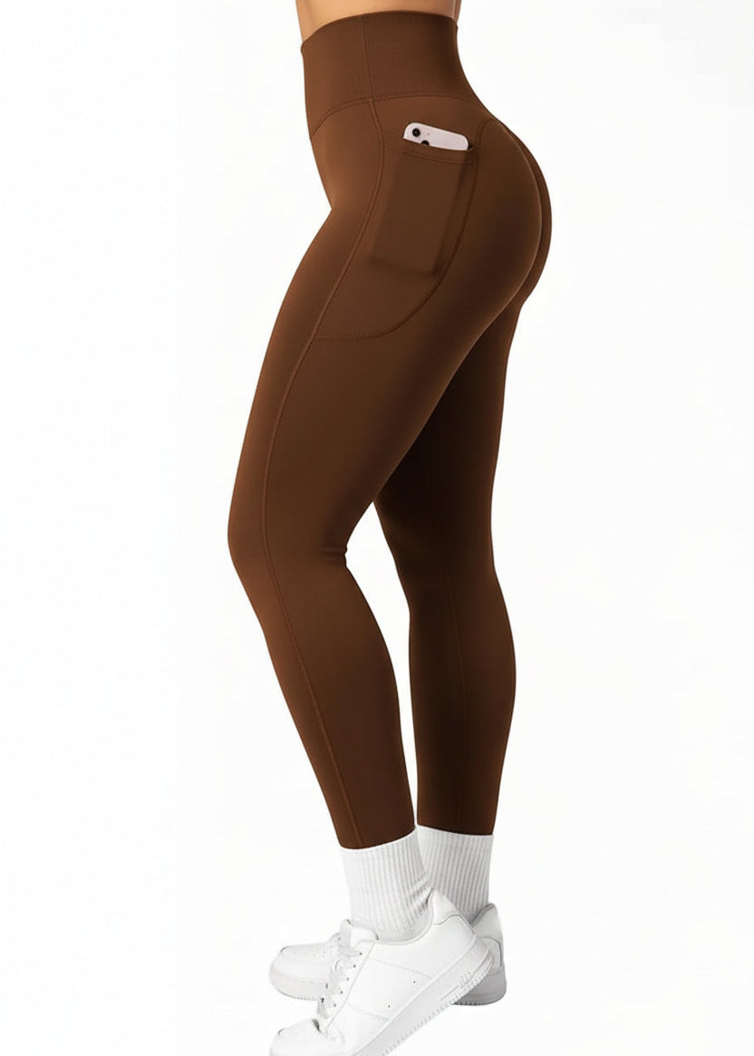 Brown high-waisted gym leggings with side pocket, affordable women's activewear by GymDeity