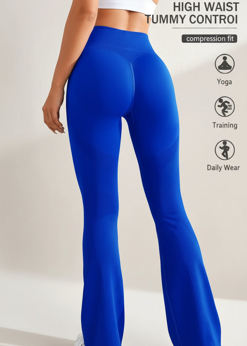 Blue high-waist leggings being modeled with text on a light background