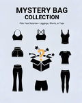 Promotional graphic for a mystery bag collection featuring black icons of leggings, shorts, and tops on a light blue background.