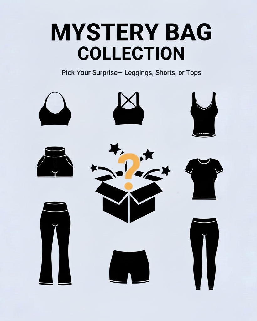 Promotional graphic for a mystery bag collection featuring black icons of leggings, shorts, and tops on a light blue background.