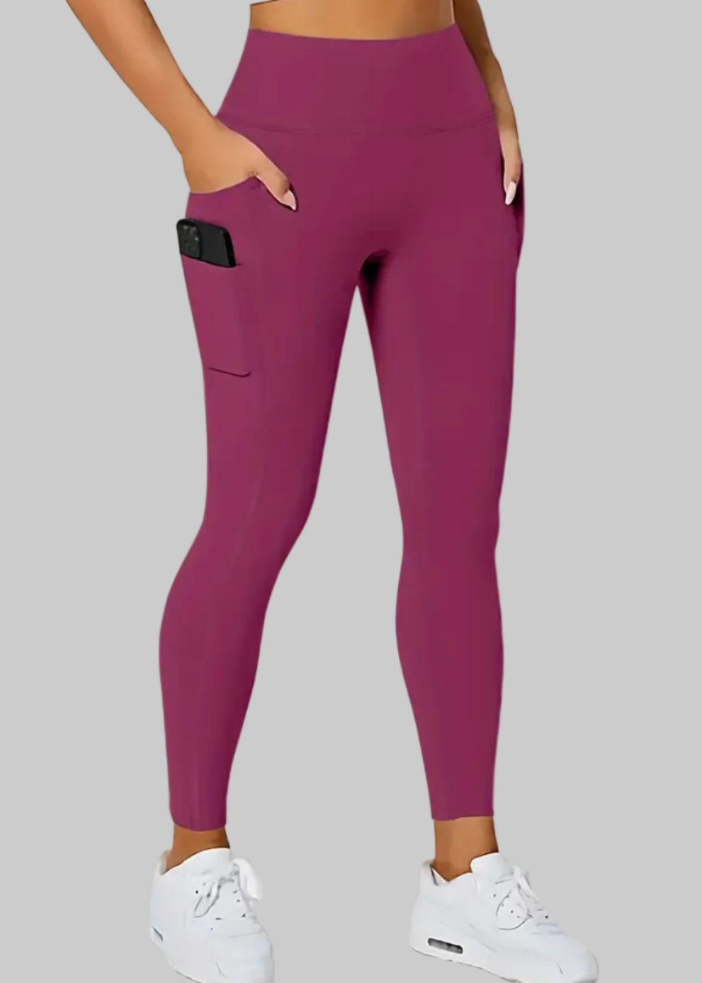 Purple leggings worn by a person on a beige background with 'Add to cart' button visible.