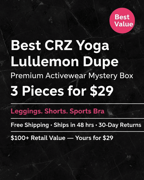 Advertisement for a CRZ Yoga Lululemon dupe mystery box on a black background with promotional text.