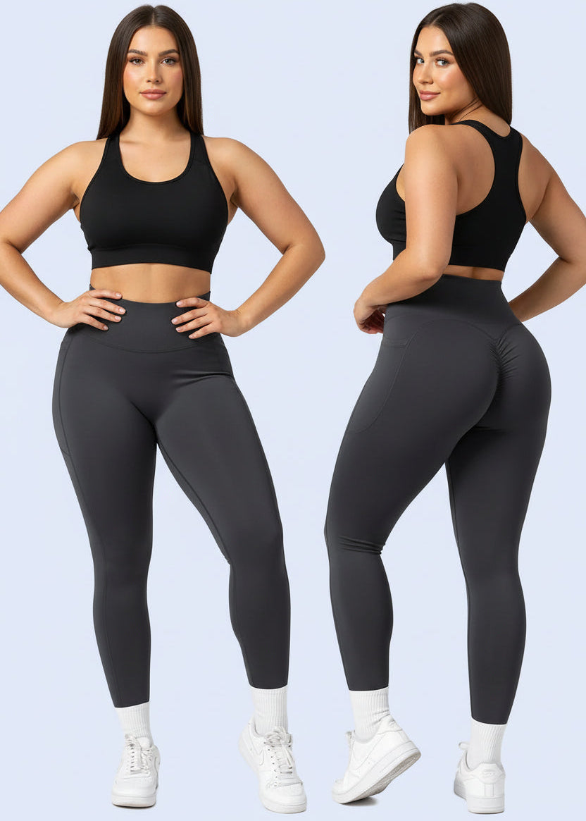 Black high-waisted gym leggings for women with side pocket, shown on model, GymDeity activewear