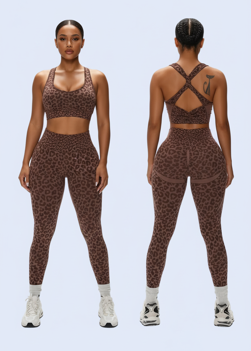 Woman wearing a patterned outfit on a gray background