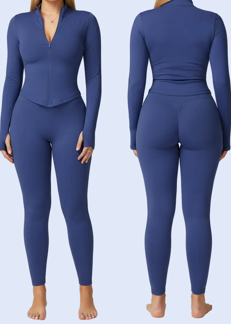 Purple athletic outfit on a white background with pricing and quantity information at the bottom.