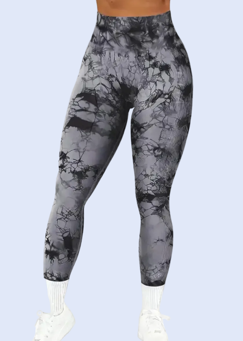 Gray tie-dye leggings on a white background