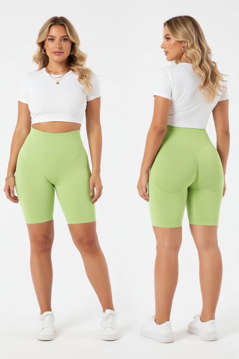 Person wearing bright green shorts in a room with wooden furniture.