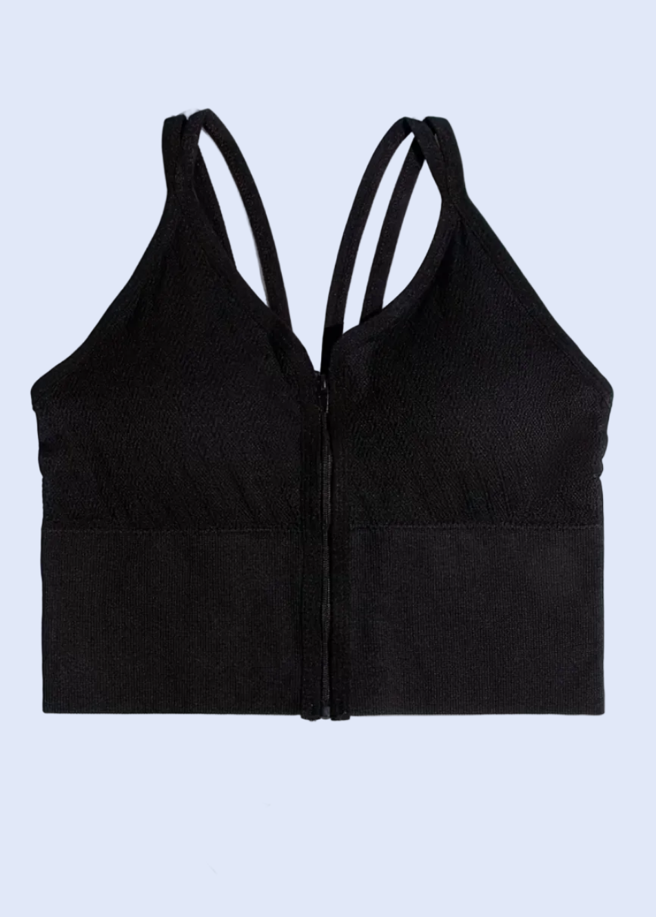 Black zip-up top on a white background with decorative elements.