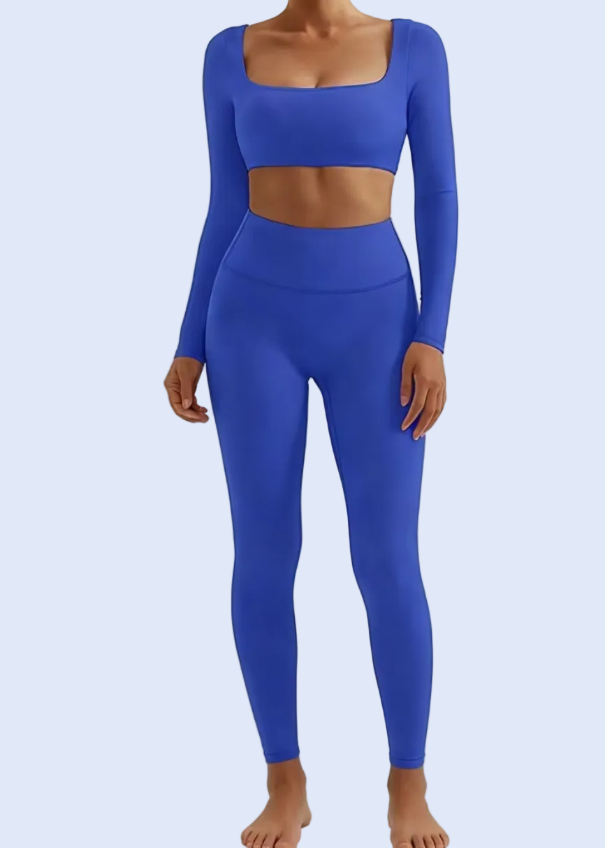 Person wearing a blue outfit on a white background