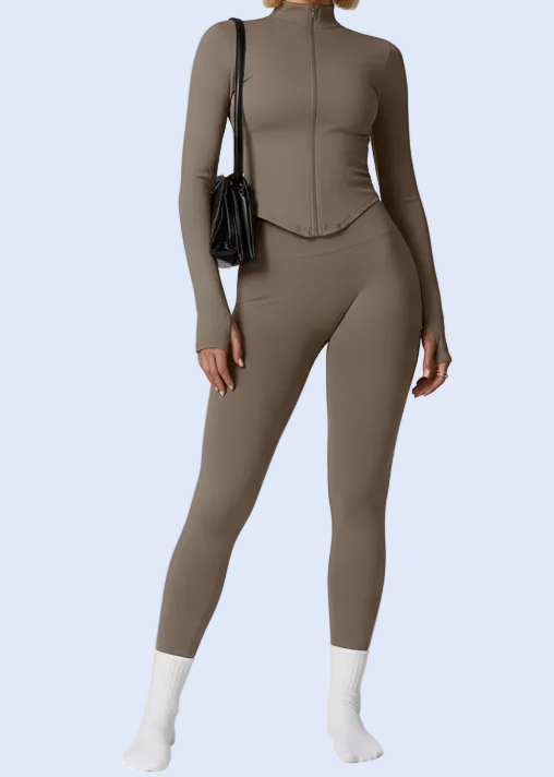 Person wearing a brown bodysuit with text and product details at the bottom on a white background
