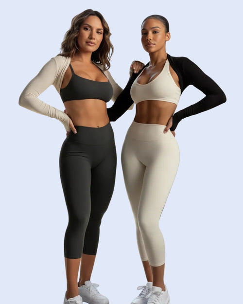 Two women wearing athletic wear on a gray background