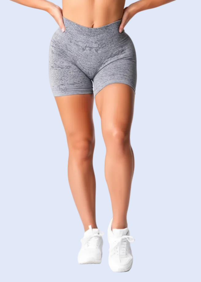 Product page for gray scrunch shorts on a white background with 'Add to cart' and 'Buy now' buttons.