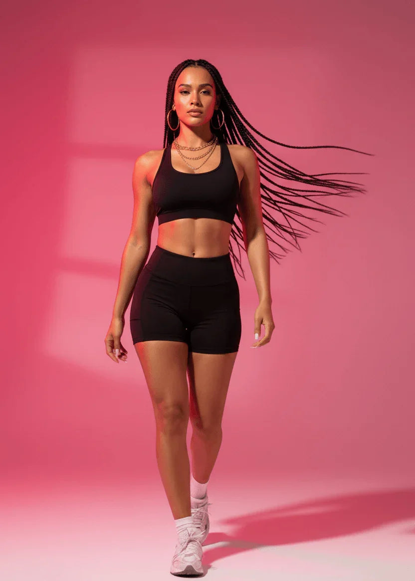 Woman in black athletic wear against a pink background