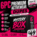 Advertisement for a 6-piece premium activewear mystery box with pink and black design.