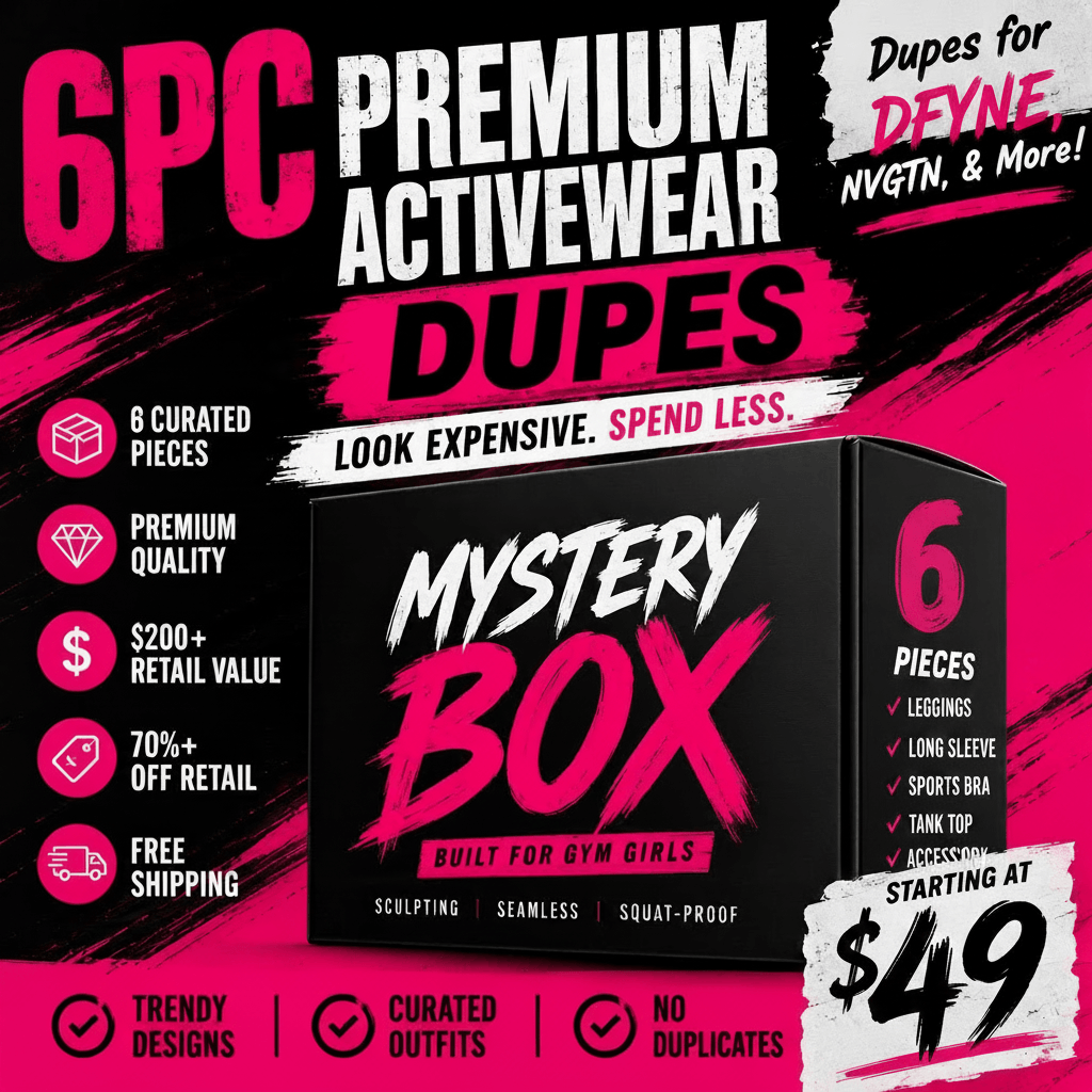 Advertisement for a 6-piece premium activewear mystery box with pink and black design.