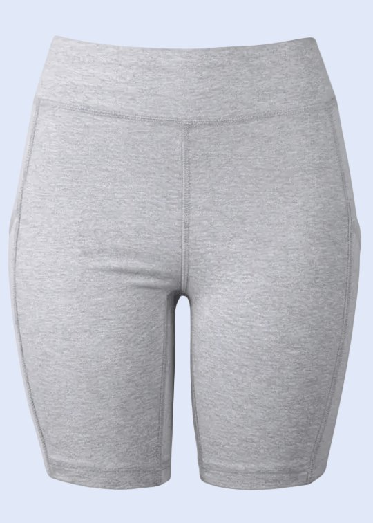 Gray shorts on a white background with a smartphone interface at the top and bottom.