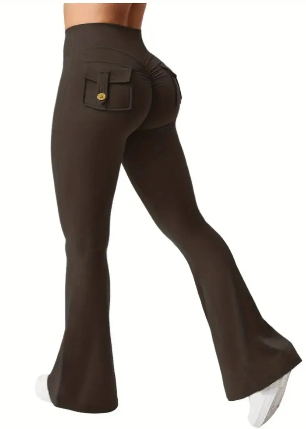 Brown high-waisted flare leggings with back pockets, trending women's activewear from GymDeity