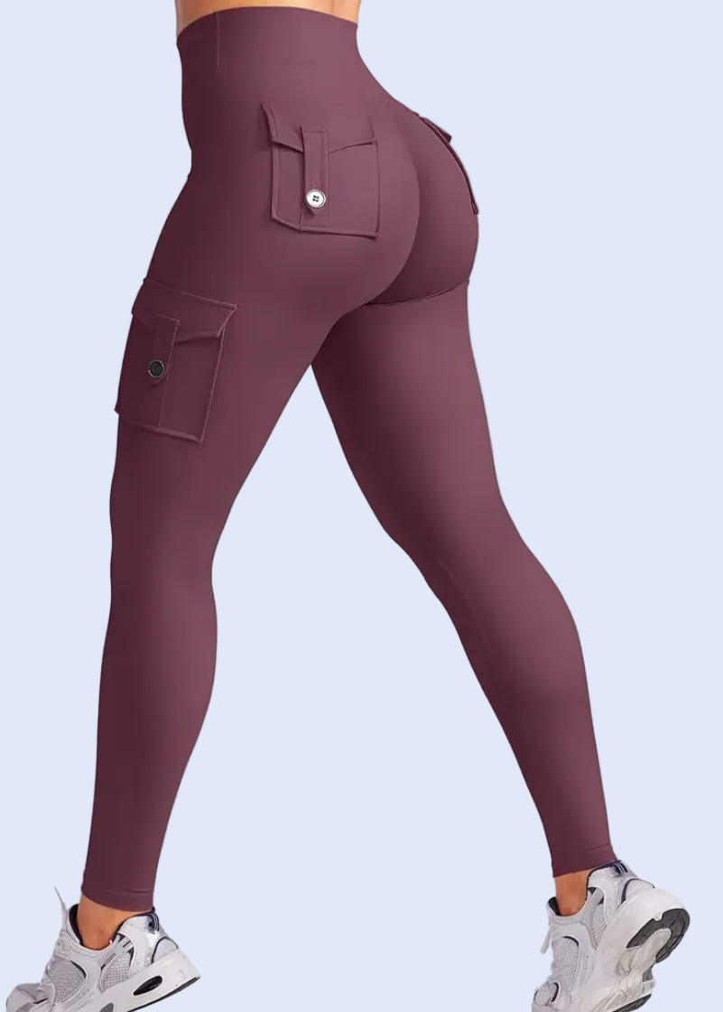Maroon leggings worn by a person on a white background