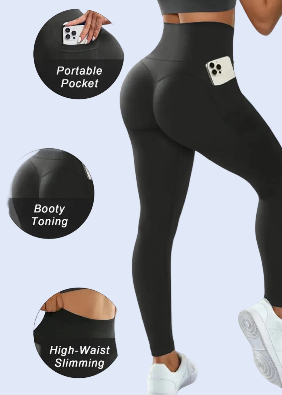 Woman wearing high-waist slimming black leggings with portable pocket from GymDeity activewear.