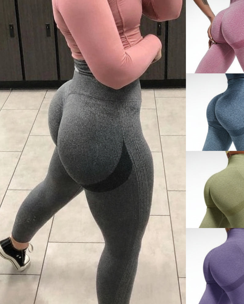 Collage of people wearing gray leggings with a focus on the legs.