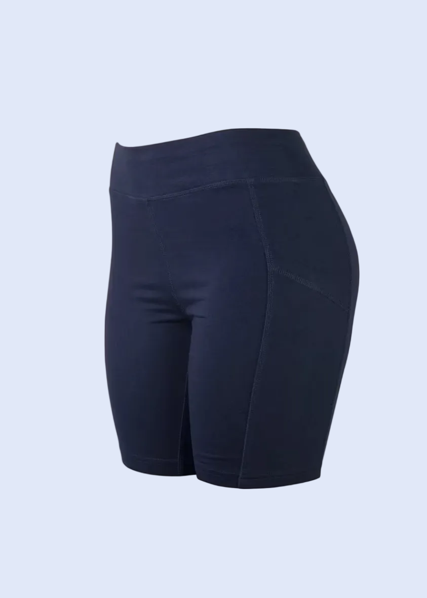 Navy blue athletic shorts on a white background