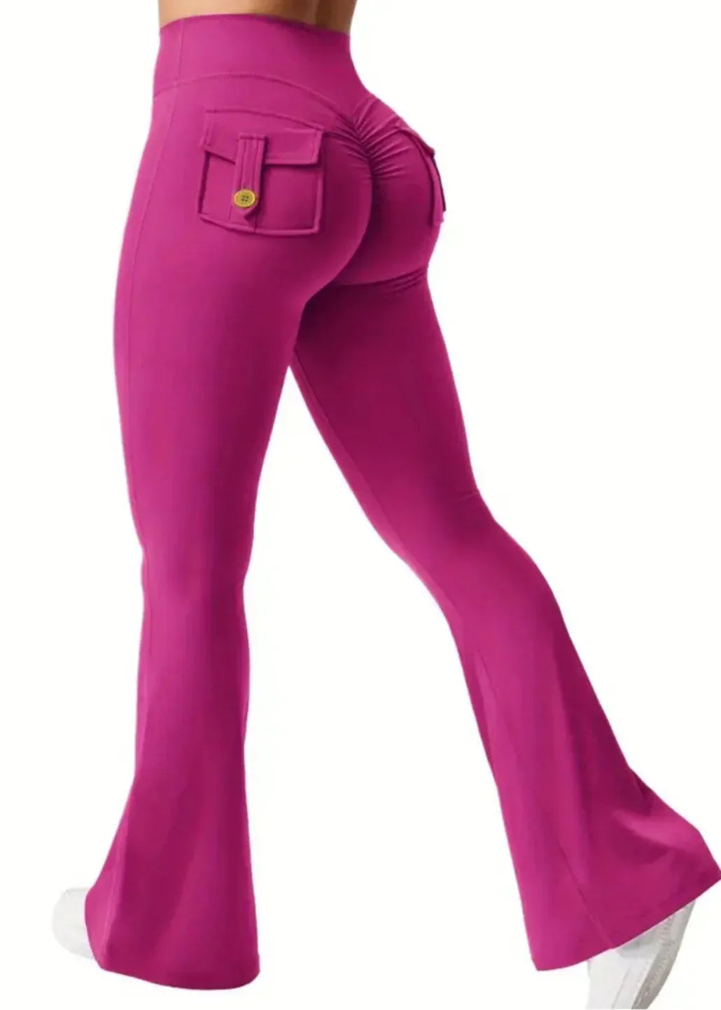 Back view of woman in vibrant pink flared gym leggings with back pocket, activewear fashion