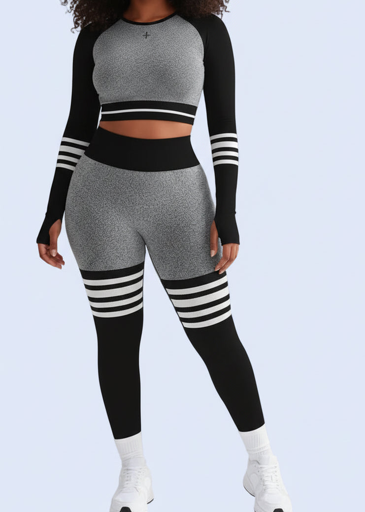 Woman wearing a gray and black athletic outfit with a product inset showing three counts.