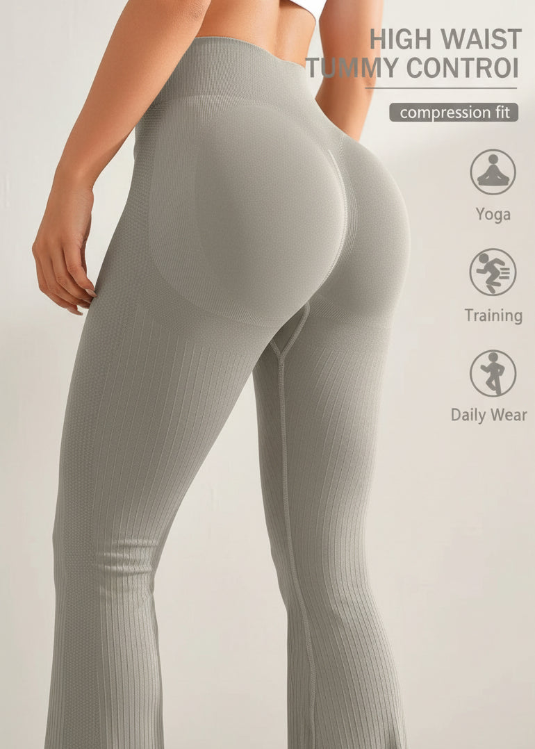 Gray leggings being worn with text highlighting features and uses on a light gray background