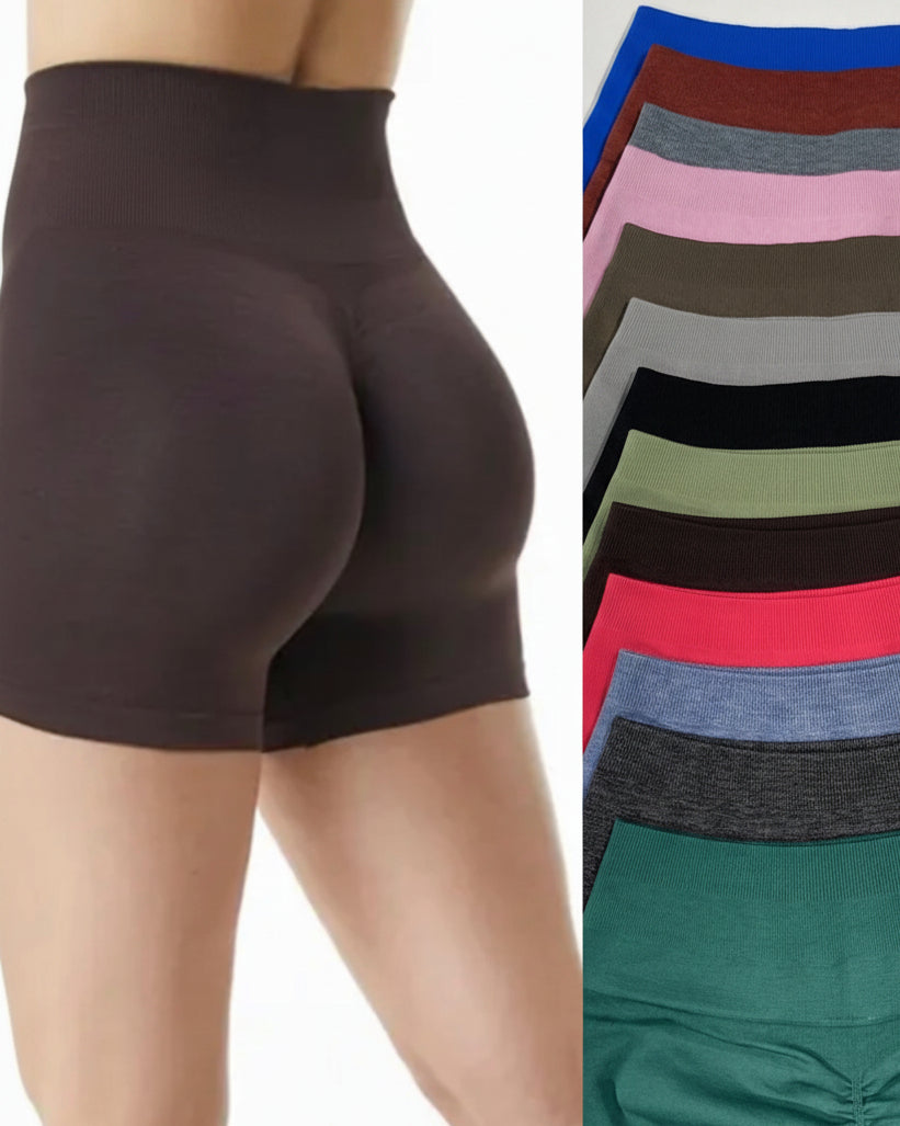 Brown high-waisted shorts on a white background with color swatches of various shades.