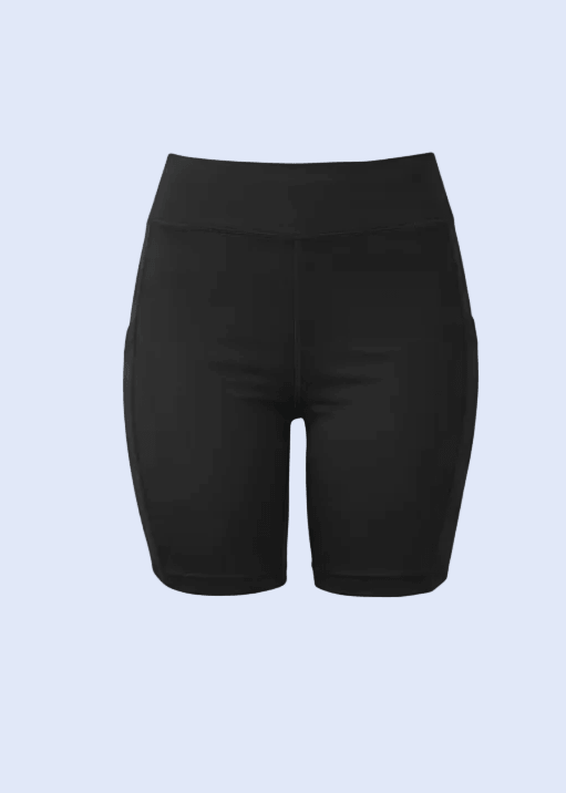 Black shorts displayed on a white background with a smartphone interface visible.