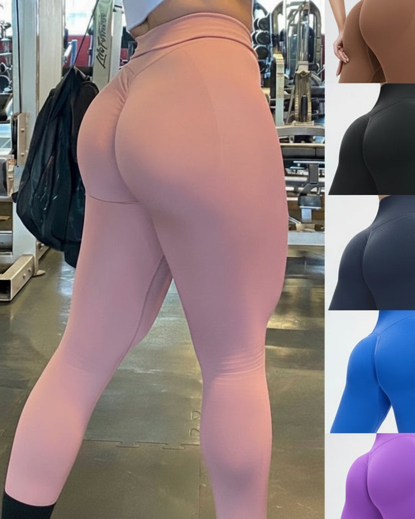 Person wearing pink leggings in a warehouse setting with inset images of other colored leggings.
