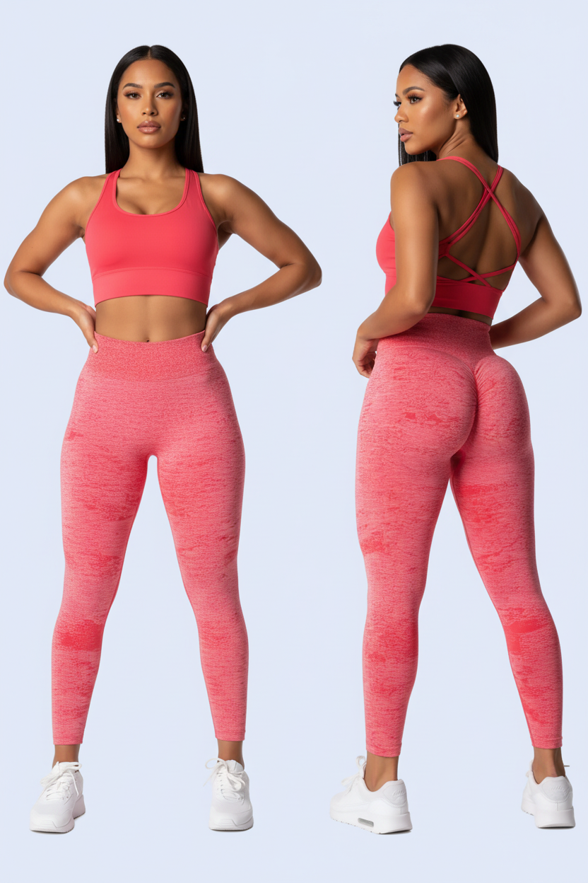 Person wearing pink leggings on a white background with product details.
