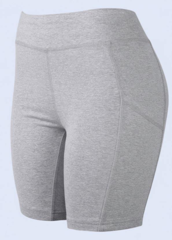 Gray shorts on a white background with a shopping cart icon at the bottom.