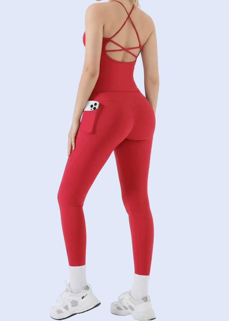 Red jumpsuit worn by a person on a white background