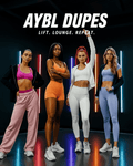 Four women in athletic wear with 'AYBL DUPES' branding and text 'LIFT. LOUNGE. REPEAT.' on a dark background.