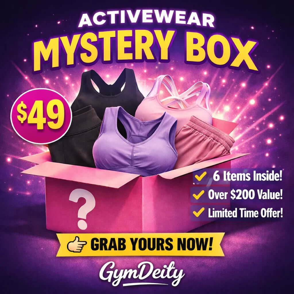 Promotional graphic for activewear mystery box offer.