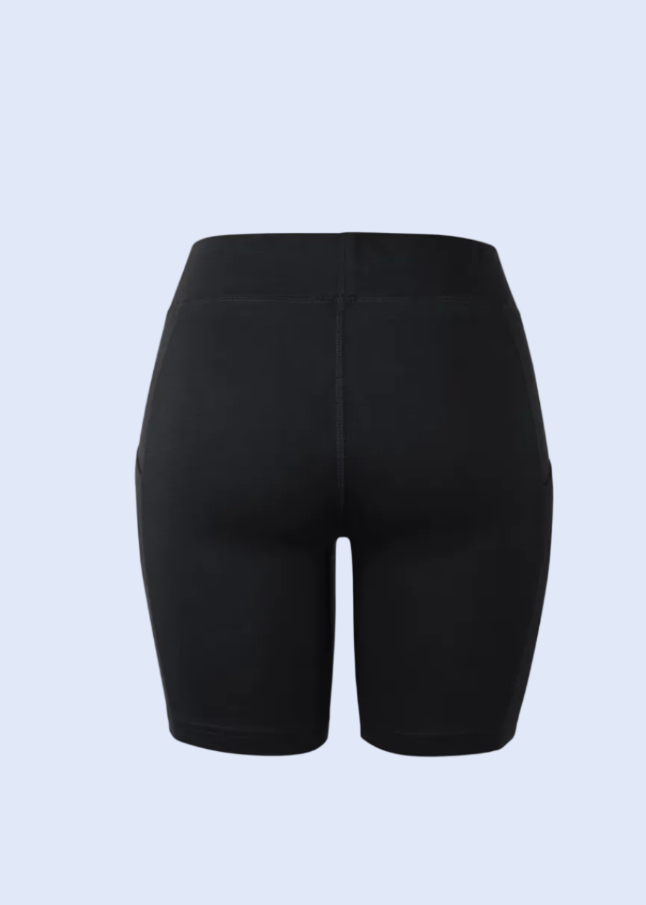 Black shorts displayed on a white background with a smartphone interface visible.