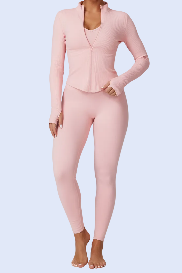 Person wearing a pink athletic outfit on a white background with product pricing and quantity information displayed.